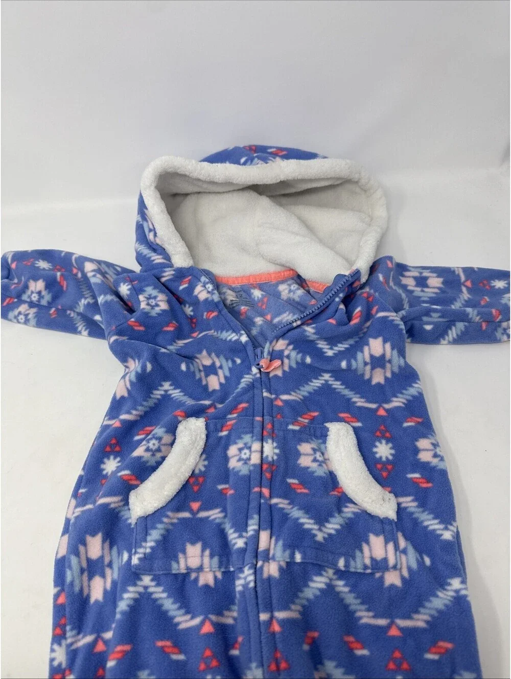 Carters 12 Blue Pink Fair Isle Fleece Hooded Jumpsuit One Piece Pram Zip Up